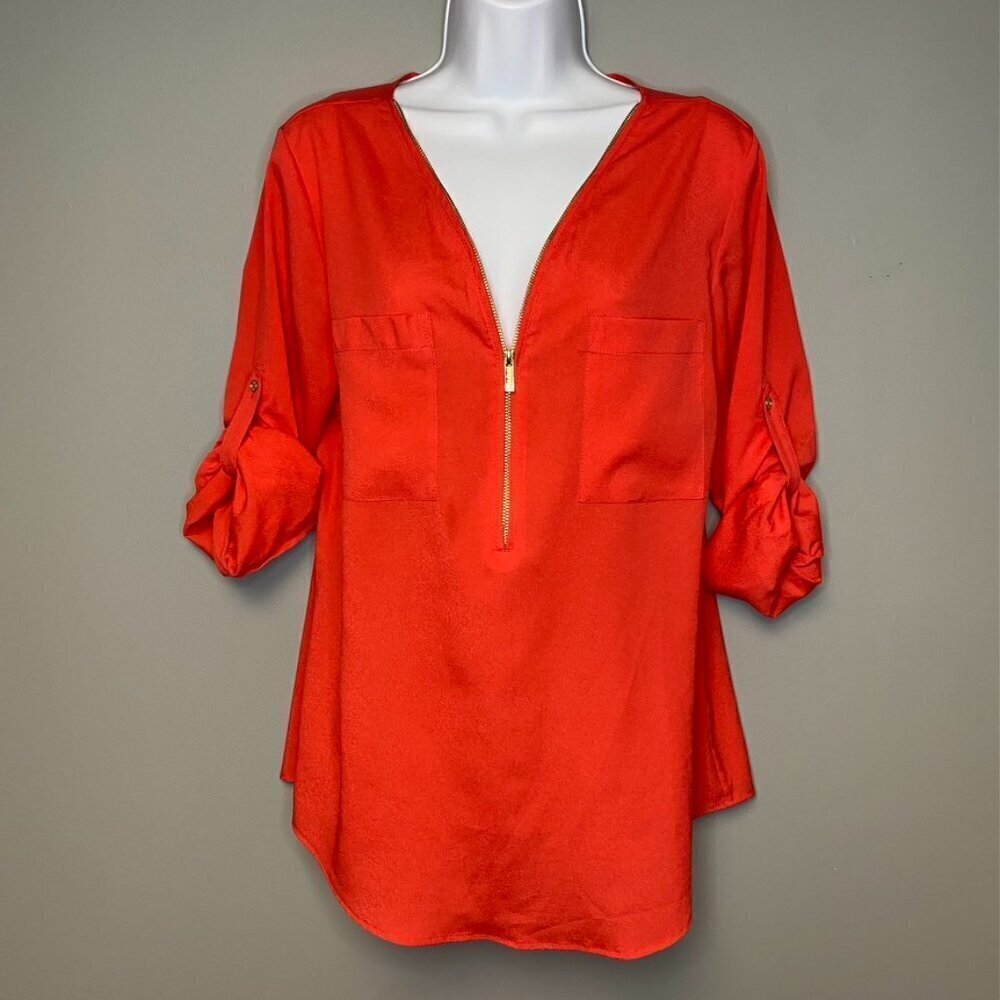 Calvin Klein Salmon Colored 1/2 Zip‎ Roll Tab Sleeve Blouse Women's Size M